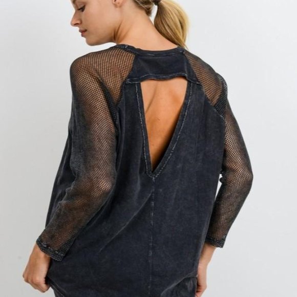 (NWT) Mineral Wash Fishnet Mesh Sleeve Top - Picture 6 of 9